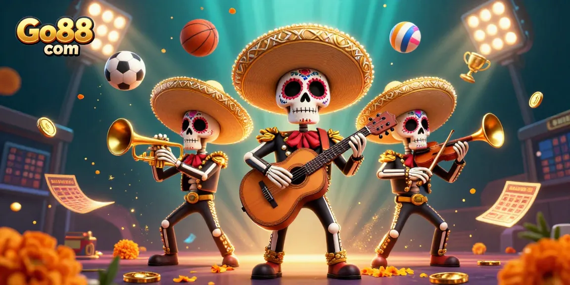 Engage with exciting games at Go88 com with a lively mariachi band and dynamic sporting elements.