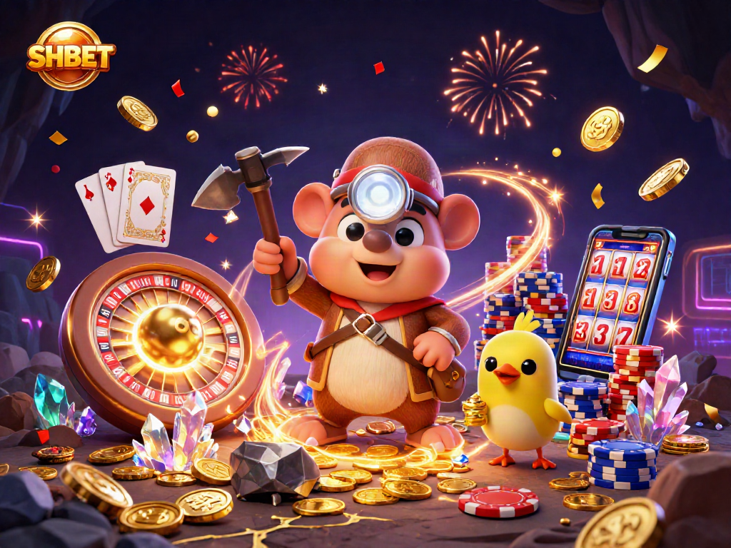Experience the excitement at SHBET with vibrant casino adventure featuring a treasure hunter and dynamic game elements.