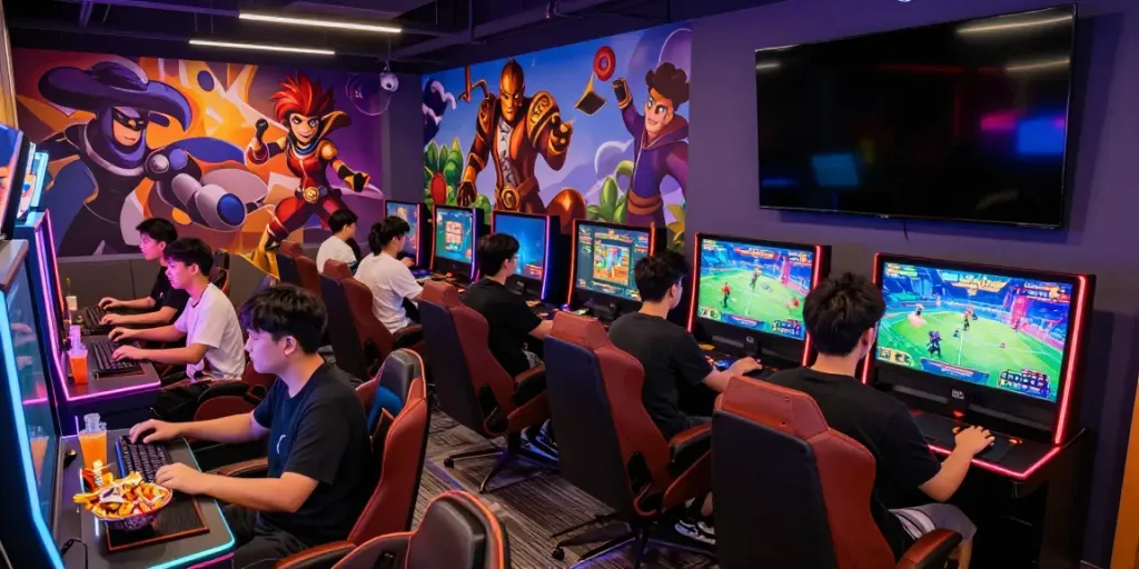 Players enjoying PG SLOT games in a lively gaming lounge with vibrant screens and snacks.