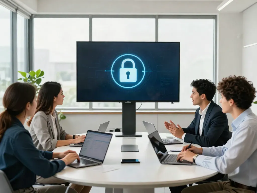 Deepfake protected Online Video Calls with a diverse team engaged in secure video conferencing.
