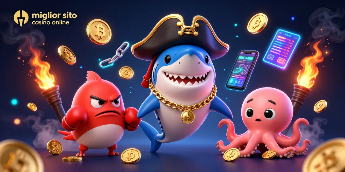 Giocare su un miglior sito casino online con un pesce palla rosso e un pesce squalo pirata in un'illustrazione dinamica.