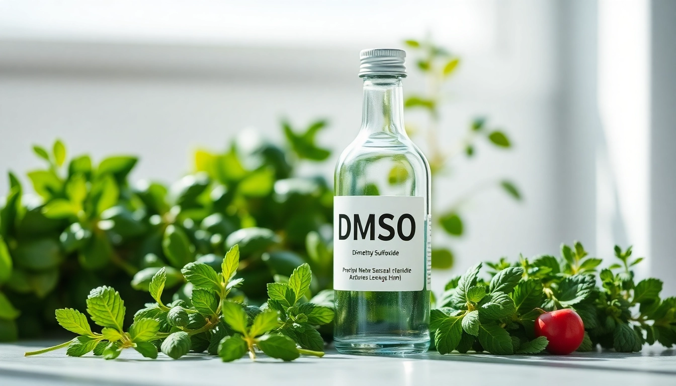 Showcase of DMSO Store Inc. product with glass bottle and green herbs.