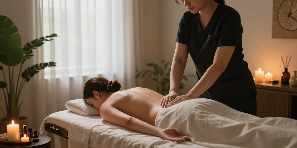 마사지 받는 사람과 아로마 테라피로 조성된 평온한 마사지실 모습