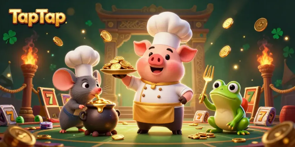Experience an exciting TapTap casino adventure with a chef pig serving gold coins and slot elements.