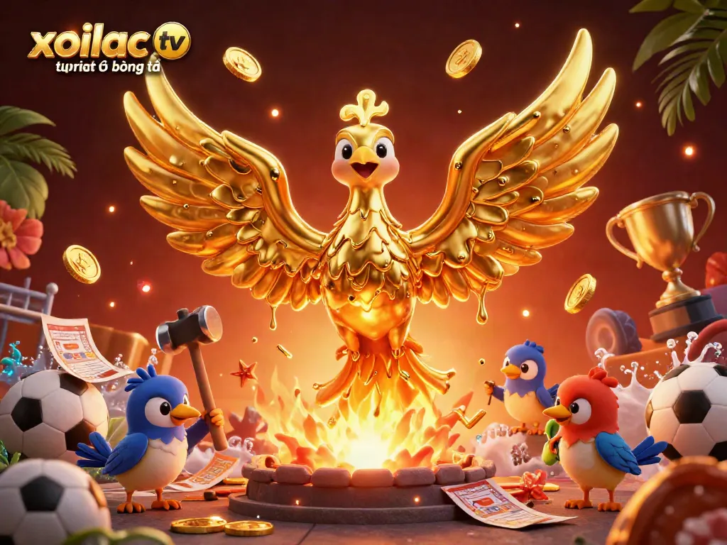Experience xoilac tv trực tiếp bóng đá with this vibrant illustration showcasing a golden phoenix and sports elements.