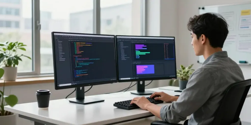 Developer working at h5.2113.net, showcasing open source Android apps and a modern tech workspace.