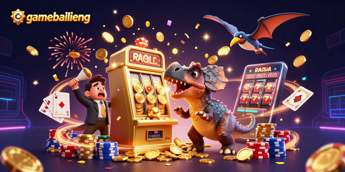 Gamebailieng showcases a thrilling scene with a pachycephalosaurus and a golden slot machine hitting the jackpot amidst flying coins.