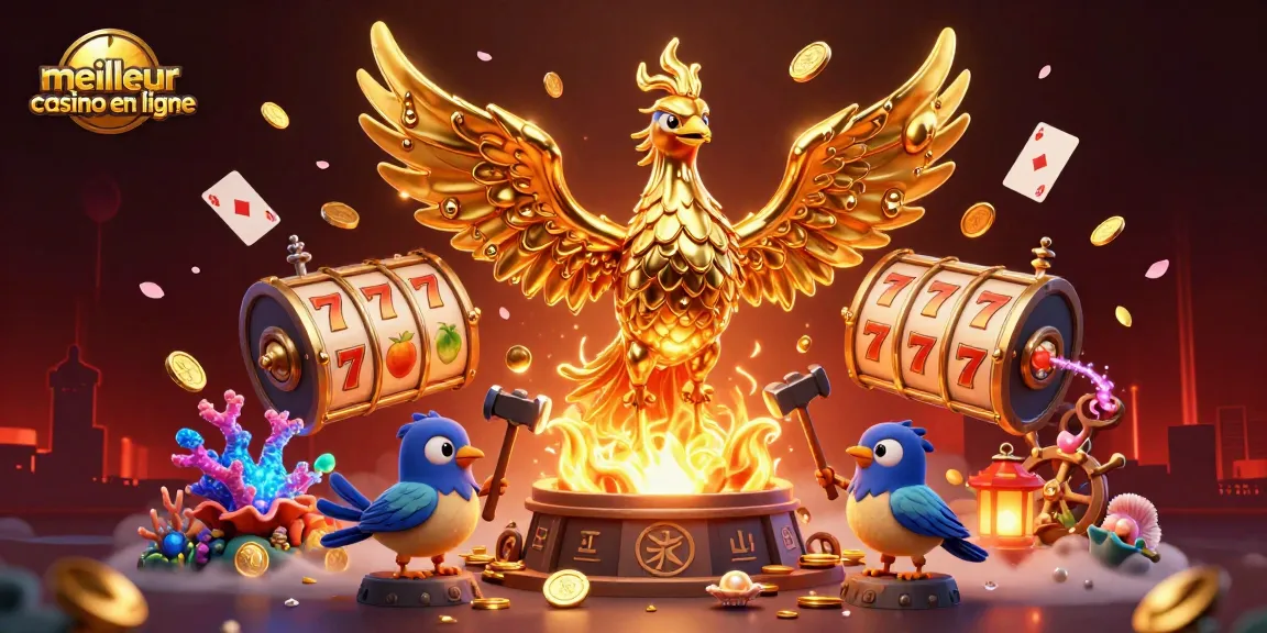 Jouez dans le meilleur casino en ligne avec l'illustration d'un phénix doré en métal liquide, émettant des pièces d'or.