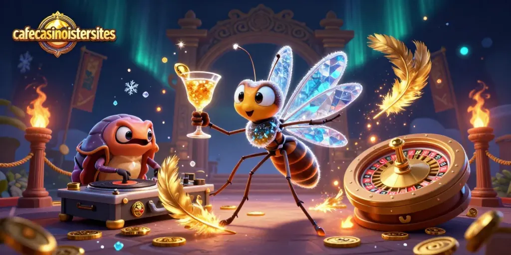 Cafecasinosistersites showcases a lively casino scene with a frozen mosquito mascot, trilobite DJ, and golden roulette wheel.