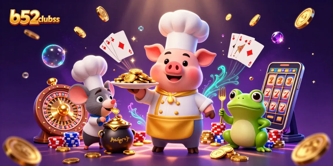 B52clubss elevates gaming with cheerful characters serving gold coins, surrounded by casino elements.