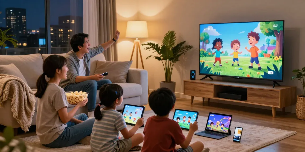 Family enjoying streaming with DezPila on a smart TV in a cozy living room.