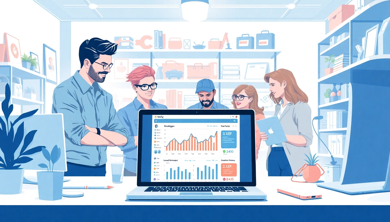 Collaborative scene in a premium Shopify agency showcasing teamwork and e-commerce analytics.