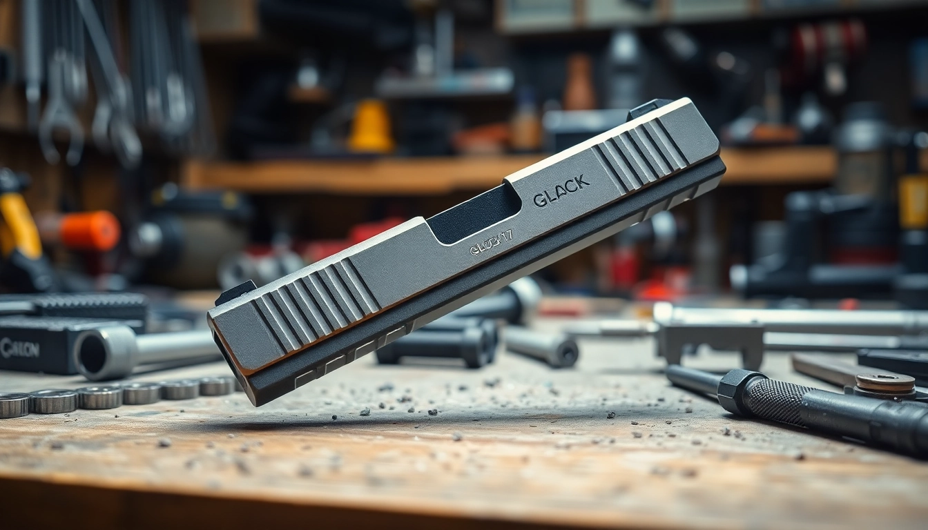 Glock 17 slide for sale showcased in a workshop with masterful detailing and tools.