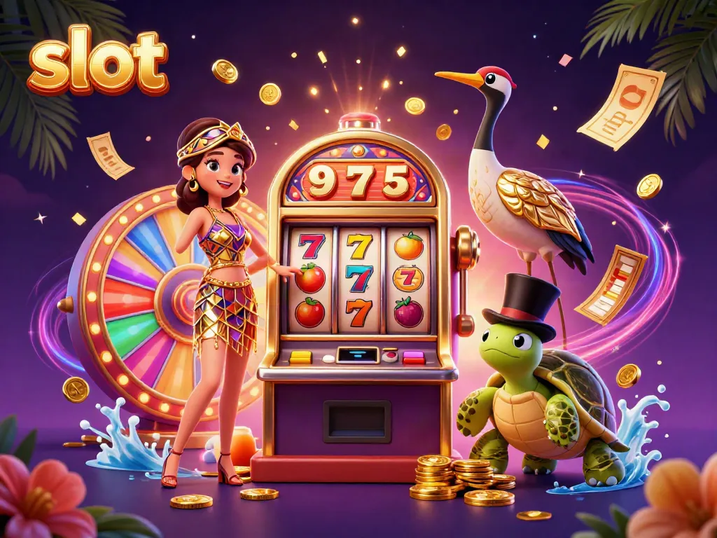 Slot menampilkan mesin slot dengan simbol buah dan angka keberuntungan di tengah adegan menarik.