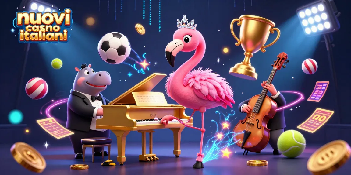 Scopri i nuovi casino italiani con una vivace scena di gioco che mostra un cantante, un bassista e palloni sportivi.