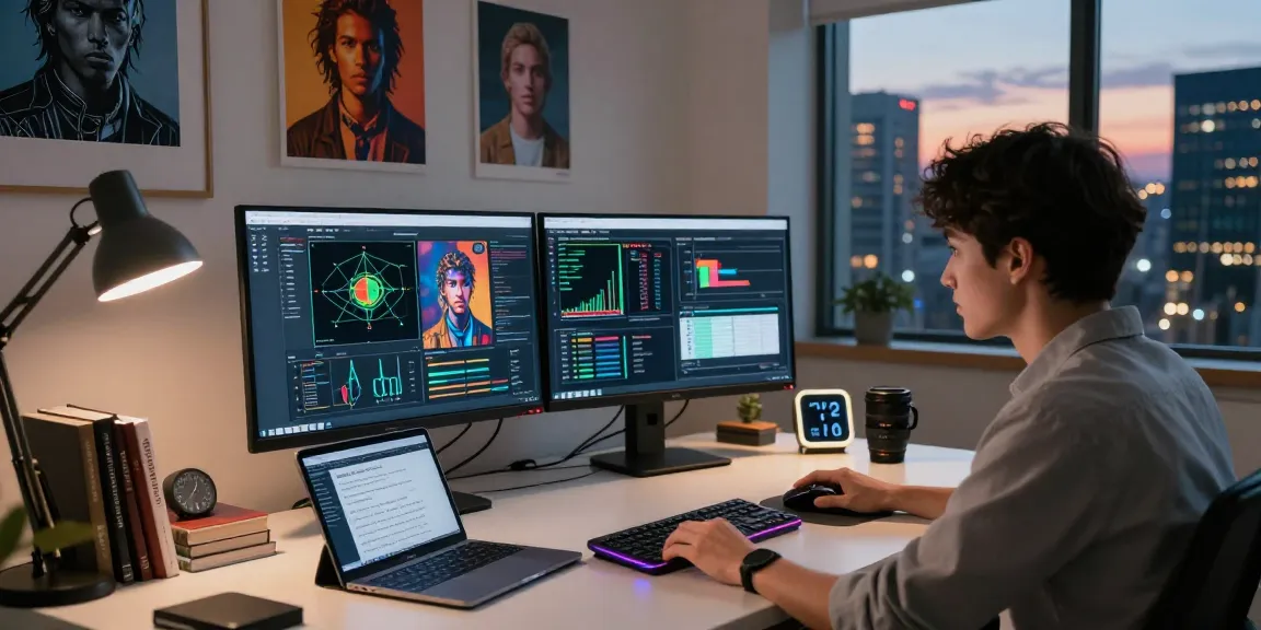AI Image Detection analysis in a modern tech workspace with dual monitors and vibrant cityscape