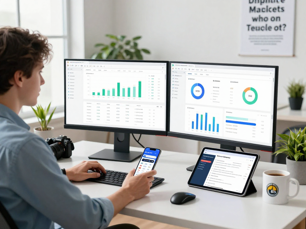 Buy app install marketing strategies in a vibrant office setting with analytics on screens.