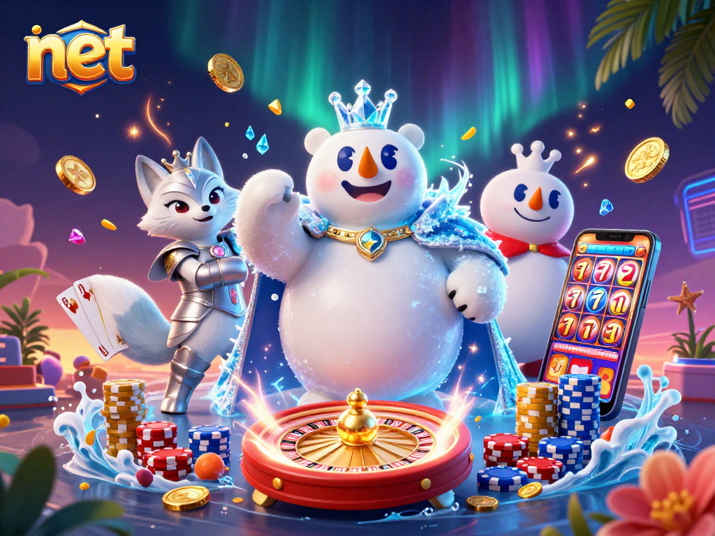 Win big with net at the dynamic casino featuring ice king and snow fox amidst coins and chips.