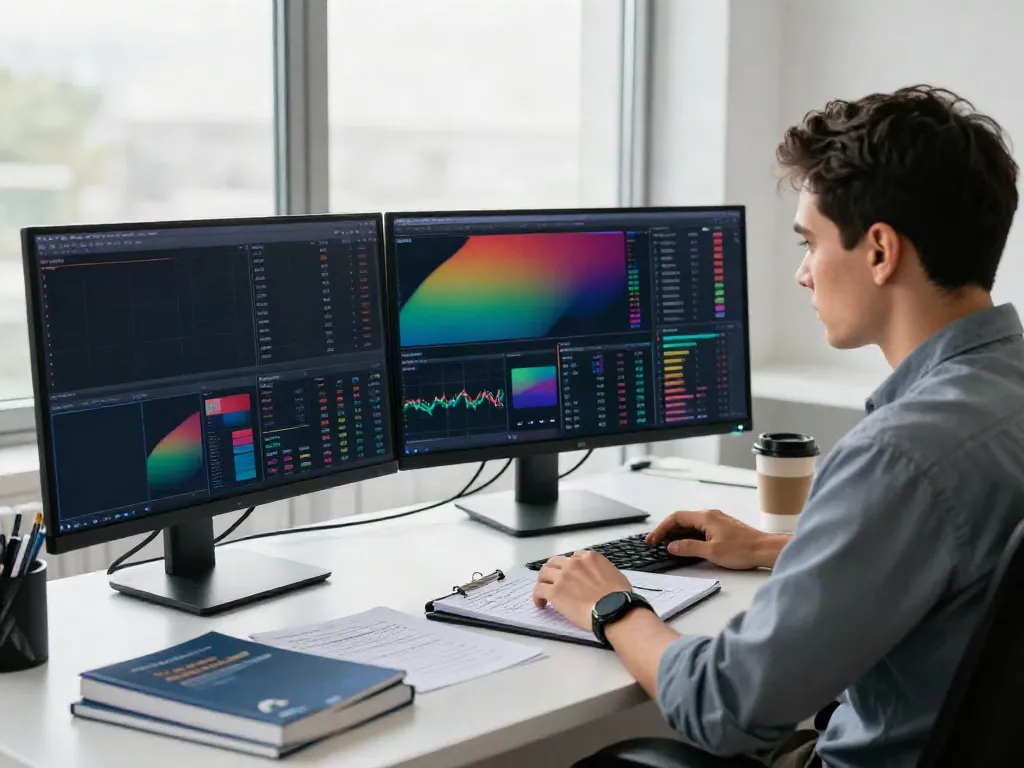 Trader using MetaTrader 5 in an organized workspace with multiple monitors.