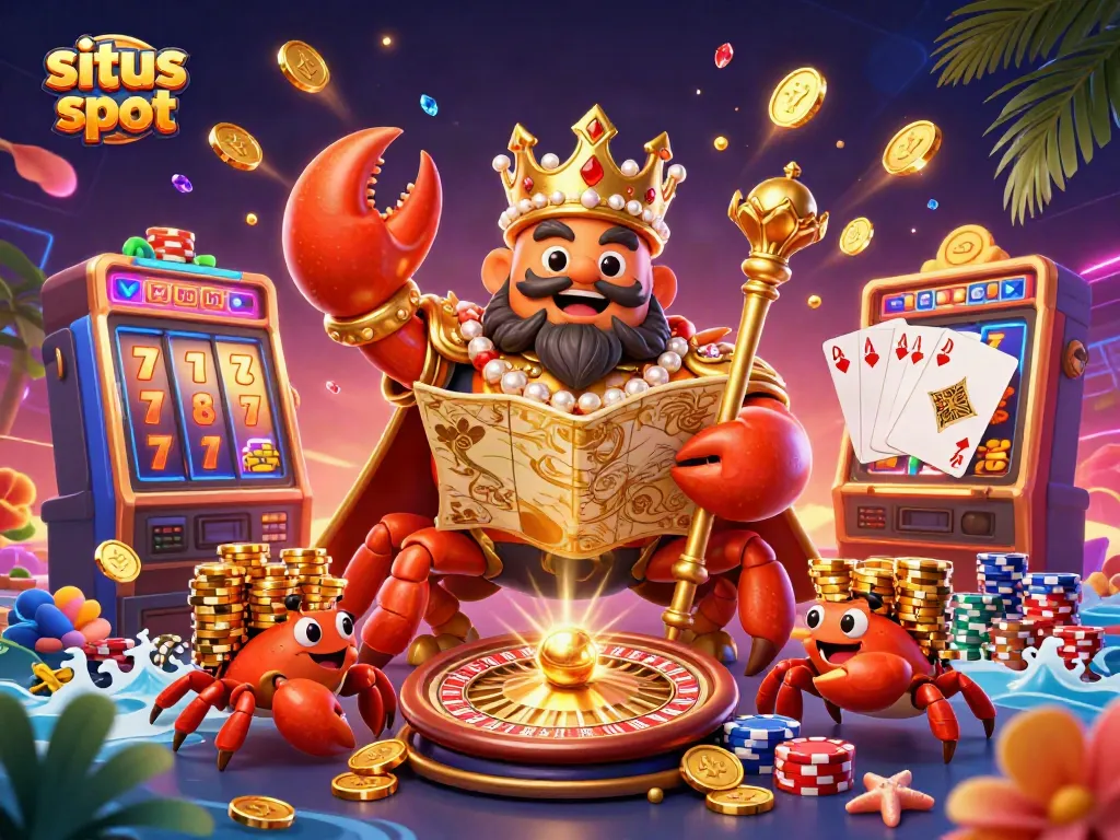Visualisasi situs slot menampilkan karakter kepiting emas dan elemen kasino yang meriah.