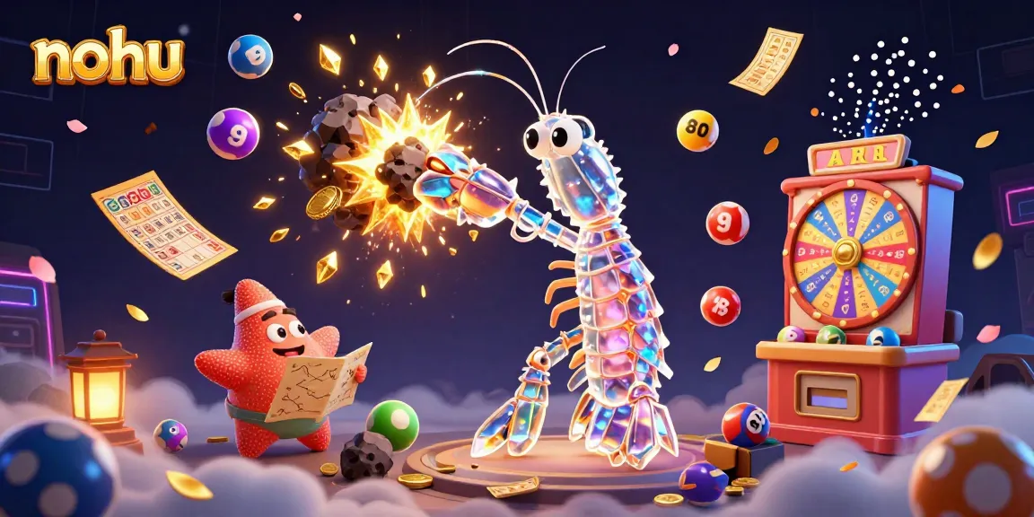 Nohu-themed gaming illustration with a mantis shrimp and starfish in a vibrant casino scene.