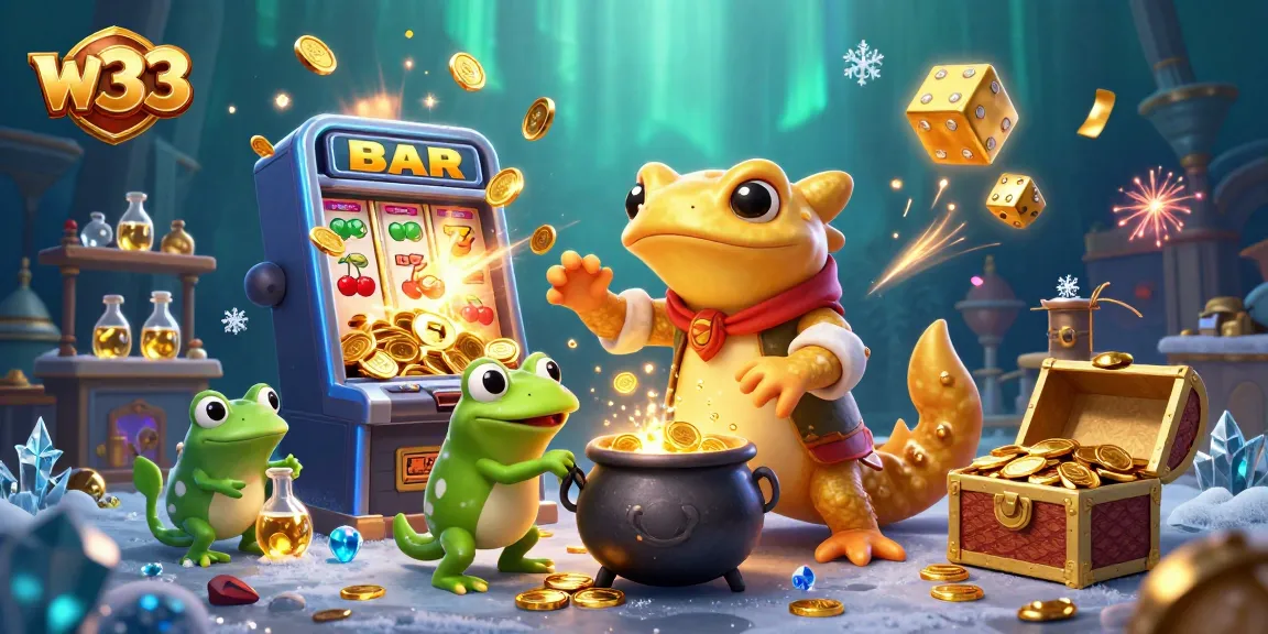 Engage with exciting w33 pokies and vibrant casino elements in a whimsical 3D scene.