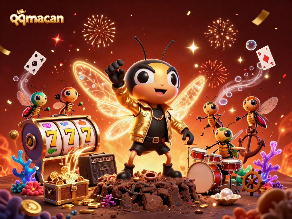 Witness the engaging gameplay of qqmacan as vibrant slots and rich bonuses unfold in a dynamic 3D scene.