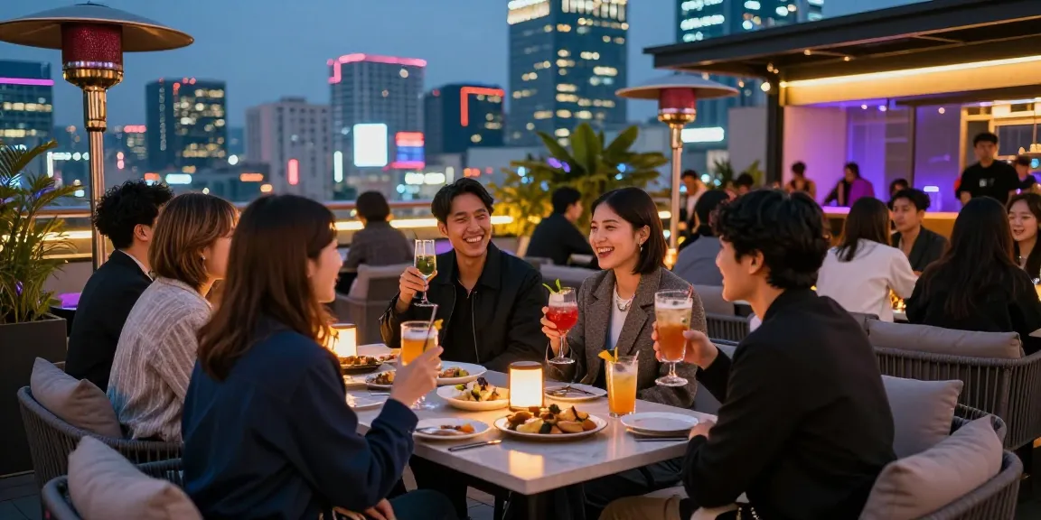 강남 세이렌과 함께하는 젊은이들의 유쾌한 밤, 도시 배경의 루프탑 바에서의 순간.