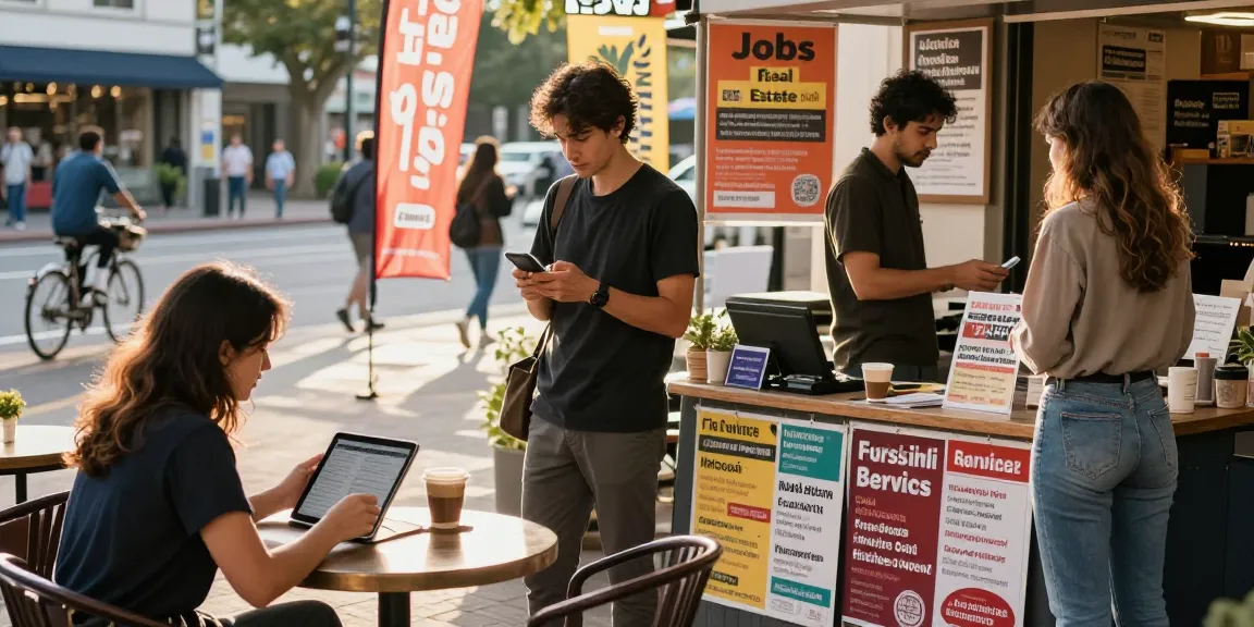 A bustling marketplace scene representing BedPersonal, showcasing diverse individuals engaging with local classifieds in a vibrant urban setting.