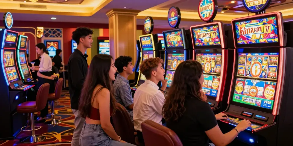 Suasana kasino dengan pengunjung bermain mesin slot bintang77, menciptakan momen seru dan penuh kegembiraan.