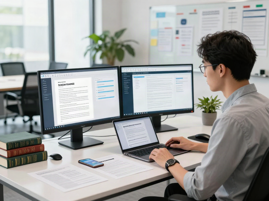 Business analyst reviewing document fraud detection solution in modern office