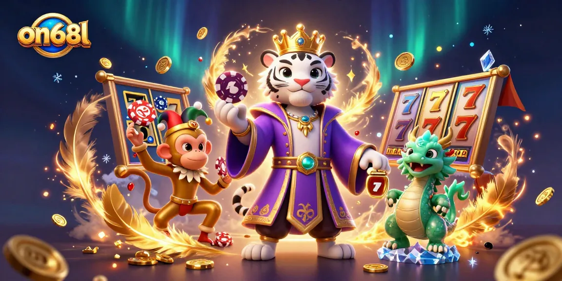 Experience thrilling gameplay at on68l with an engaging 3D scene featuring a white tiger, a golden monkey, and a jade dragon amidst dynamic casino elements.