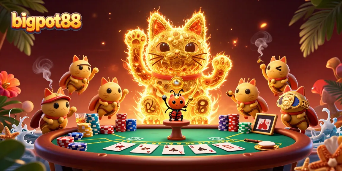 Experience bigpot88 with a vibrant illustration showcasing a lucky cat, poker elements, and tropical flair.