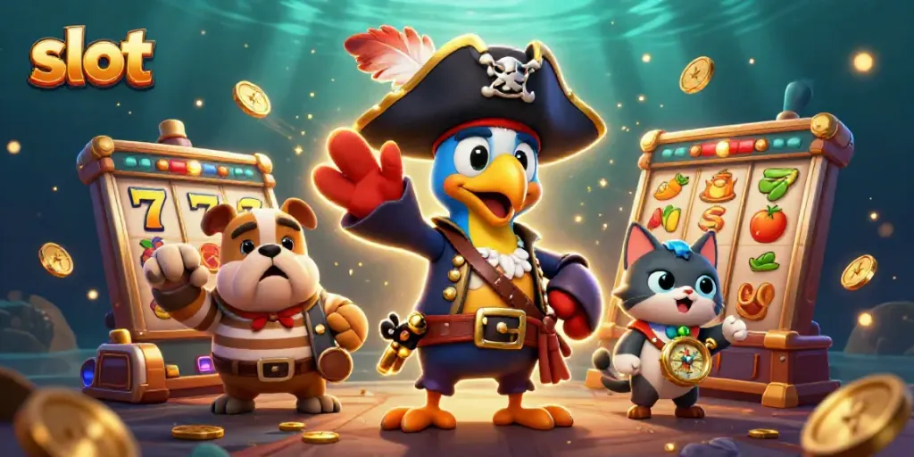 Slot dengan karakter bajak laut dan simbol permainan, memperlihatkan keceriaan kasino.