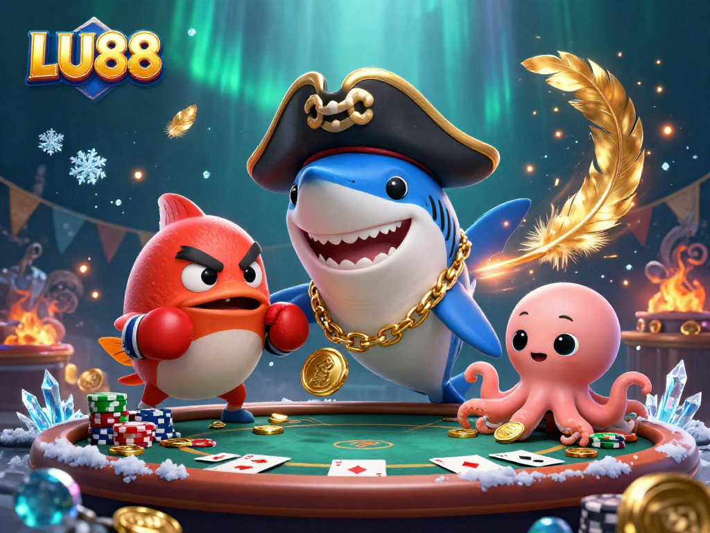 LU88 features a cartoon pirate shark and friends in a vibrant casino scene with festive elements.