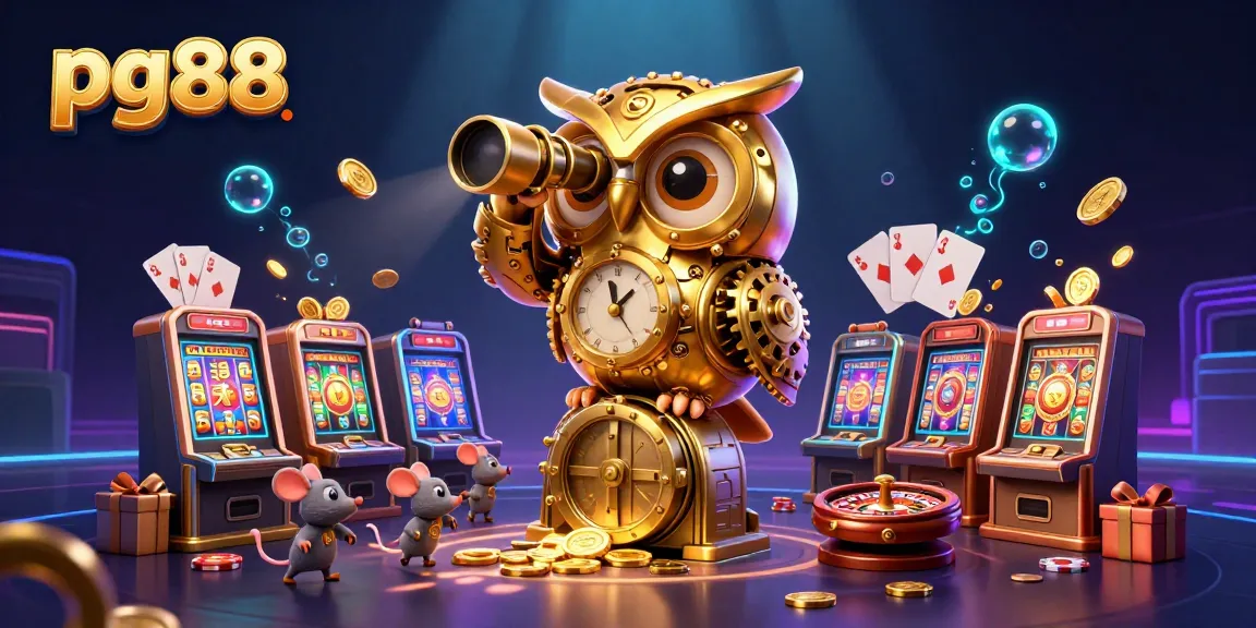 pg88 showcases an enchanting 3D casino scene with a clockwork owl and vibrant gaming elements, emphasizing luck and excitement.