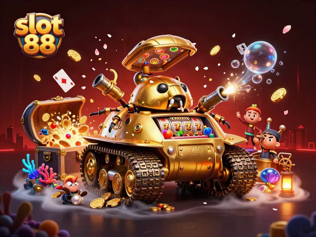 Experience the excitement of slot 88 in a vibrant, dynamic 3D casino illustration full of energy and detail.