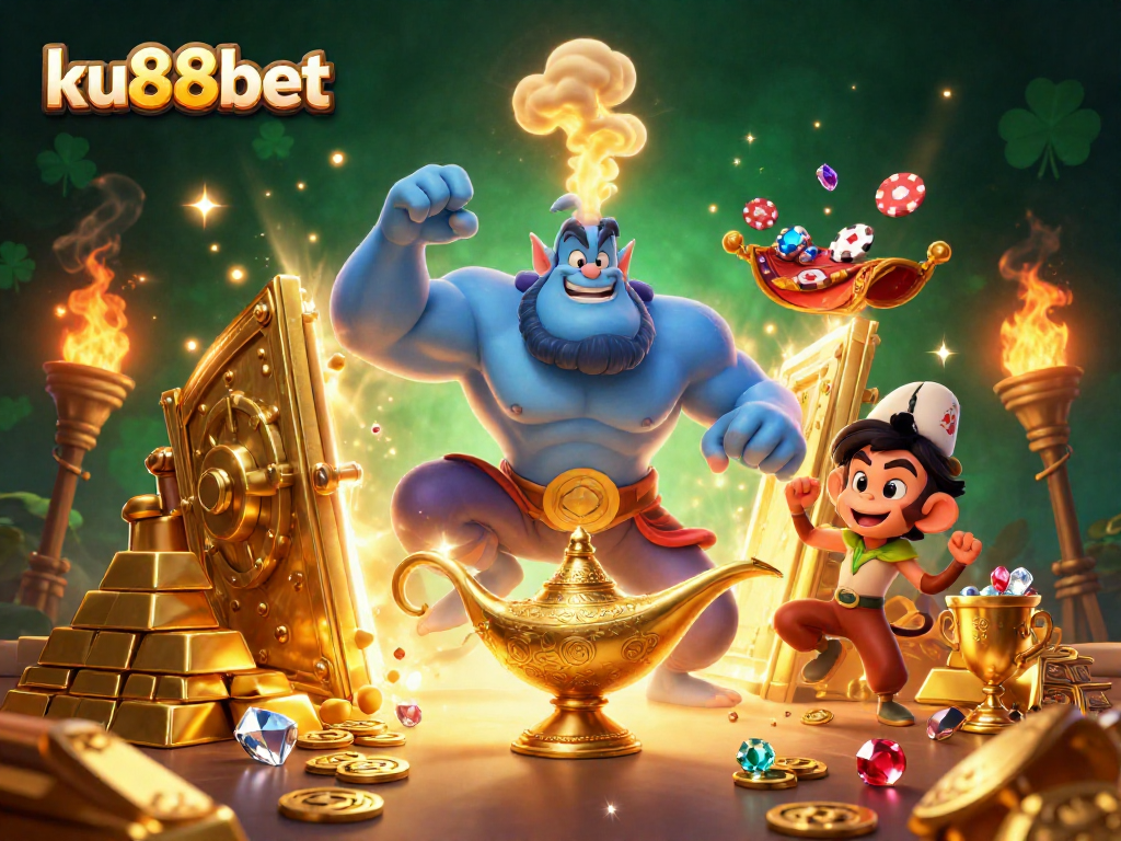 Engage with ku88bet's magical casino world featuring a genie, poker chips, and treasure vaults.