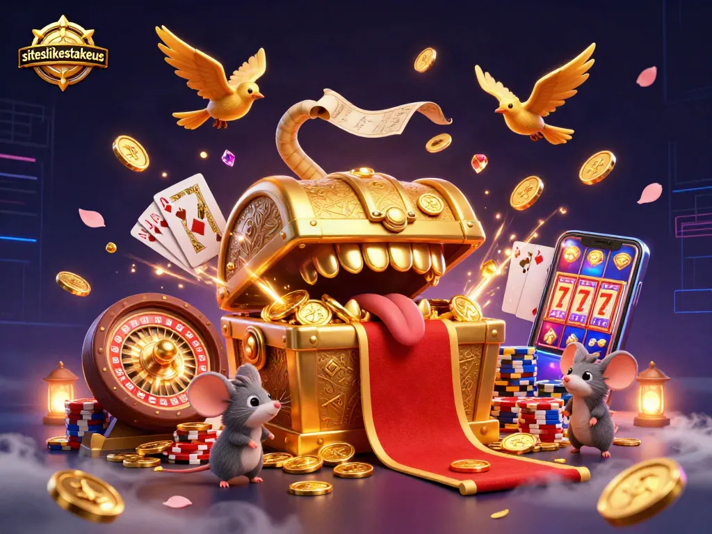 Experience thrilling gameplay at siteslikestakeus with a vibrant illustration of riches, coins, and exciting games.