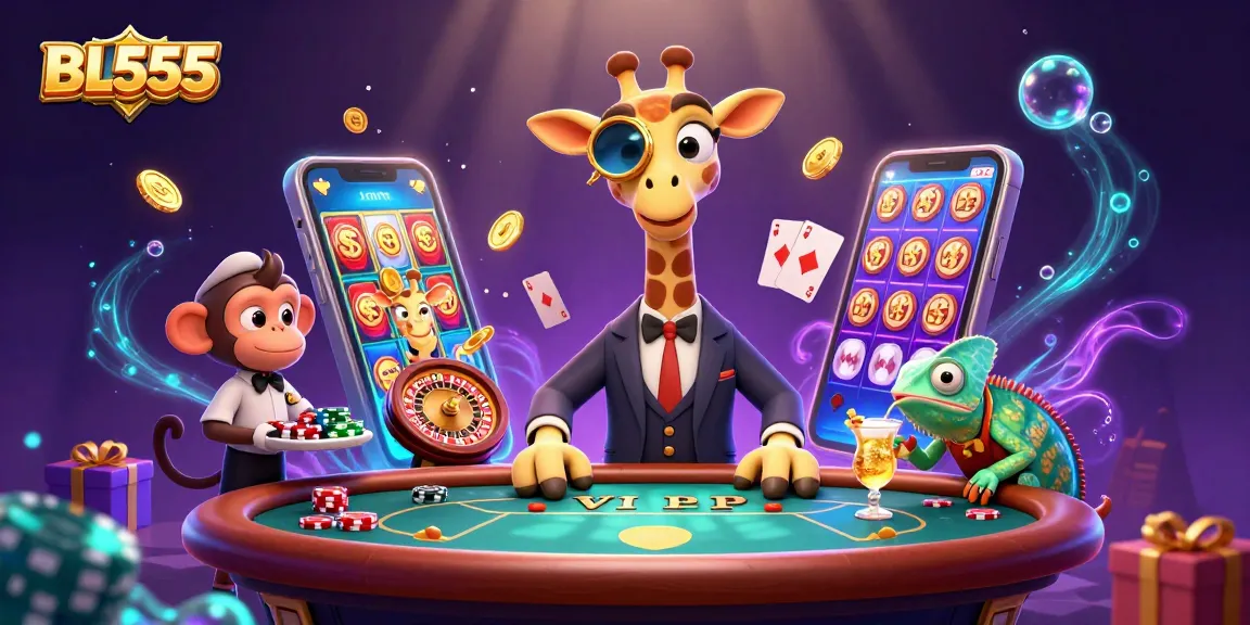 Experience thrilling gameplay at BL555 with a vibrant illustration of casino-themed characters.