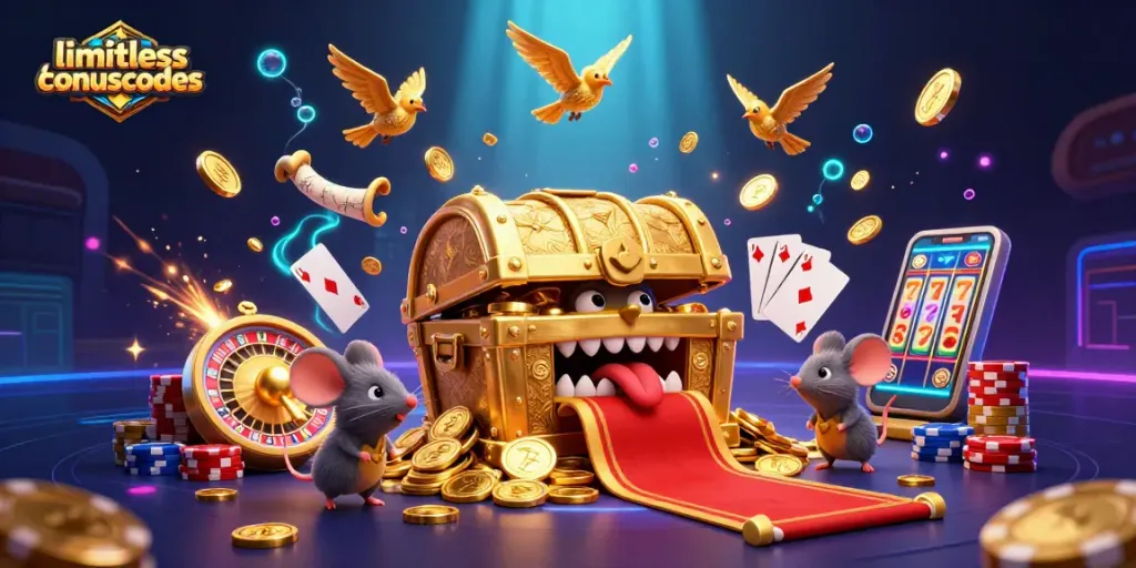 Play and win big with limitlesscasinobonuscodes in a vibrant casino adventure scene.