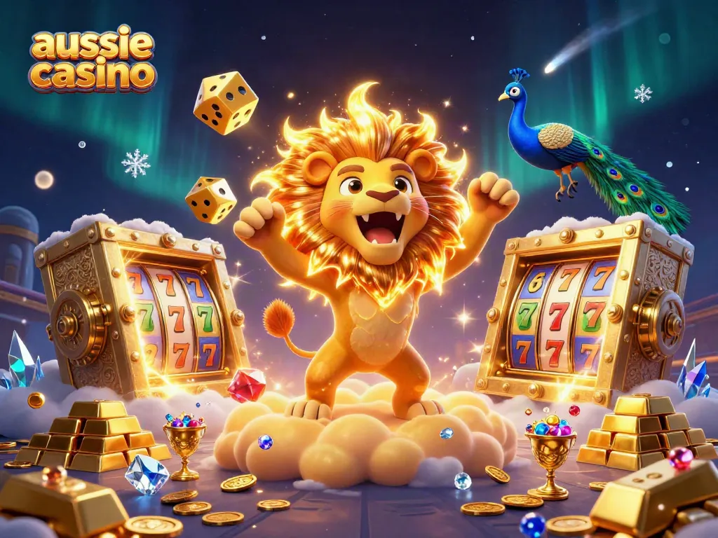 Engaging scene showcasing the aussie casino theme with a sun lion and golden dice, surrounded by treasures and slot elements.