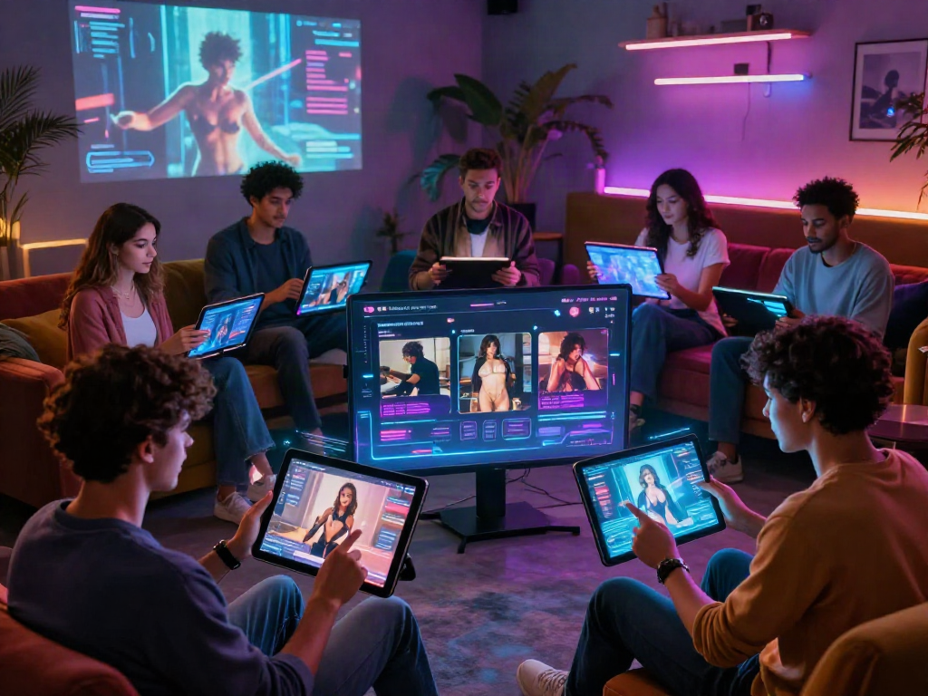 AI porn platform interface showcasing diverse users engaging with innovative adult content technology in a cozy setting.
