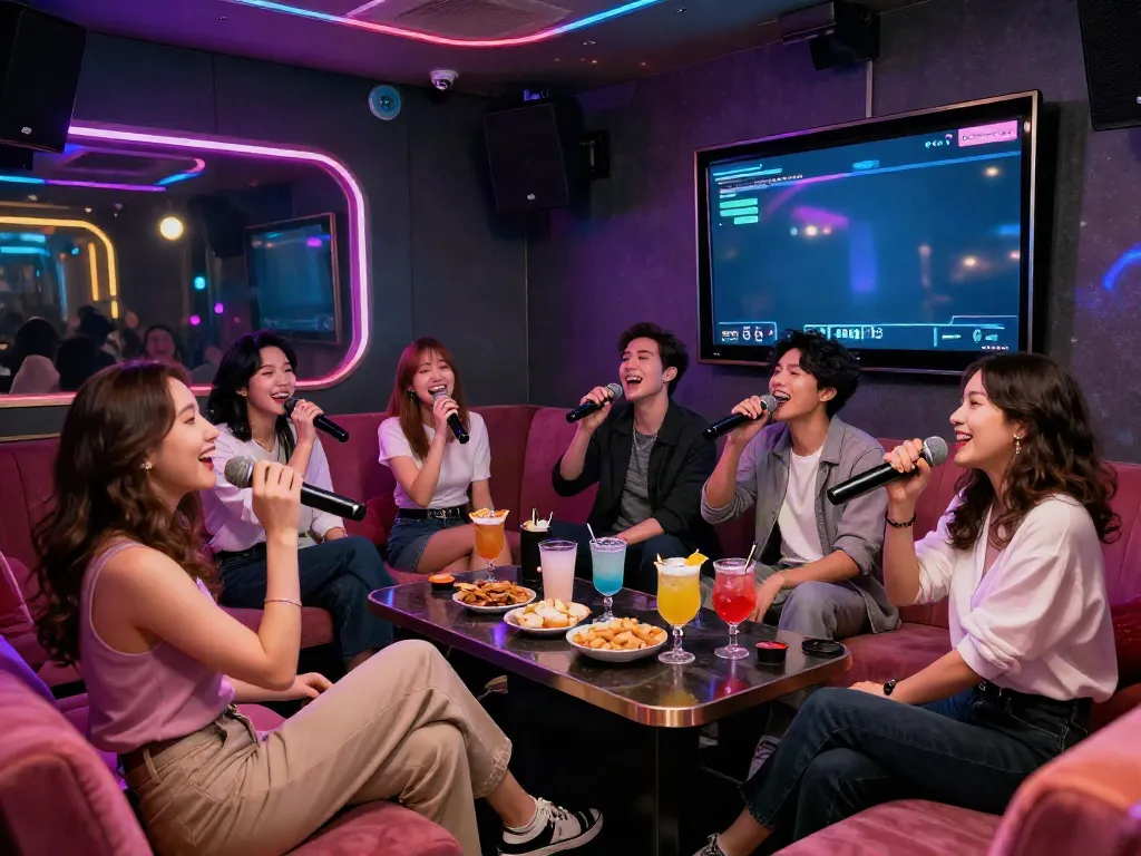 강남 달토에서 즐거운 노래를 부르는 손님들, 화려한 조명과 소품으로 가득 찬 분위기
