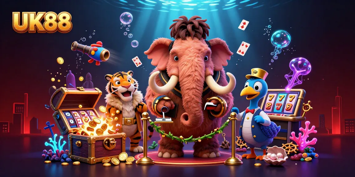 UK88 showcases a lively casino scene with a woolly mammoth, saber-tooth tiger, and dodo bird.