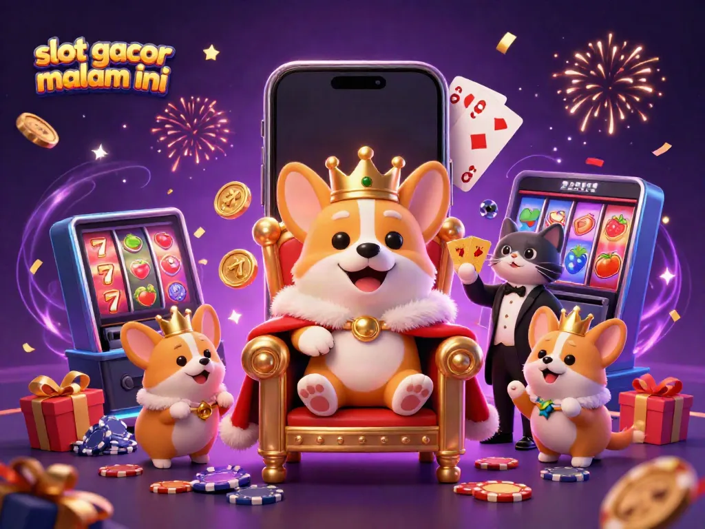 Paduan slot gacor malam ini dengan corgi raja yang mengenakan mahkota emas di tengah permainan kasino yang meriah.
