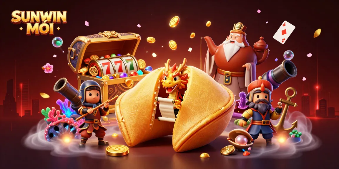 SUNWIN MỚI relevant 3D illustration showcasing a giant fortune cookie surrounded by slot reels and treasures