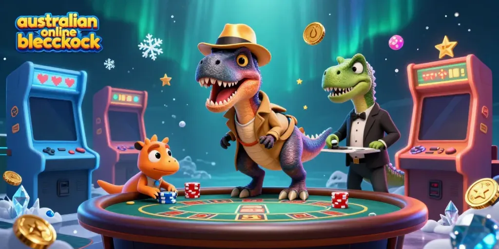 Experience the excitement of australian online blackjack with a 3D velociraptor card counter at a dynamic casino table.