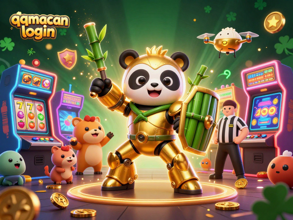 Experience the thrill of qqmacan login with a mech-suit panda in a vibrant casino scene!