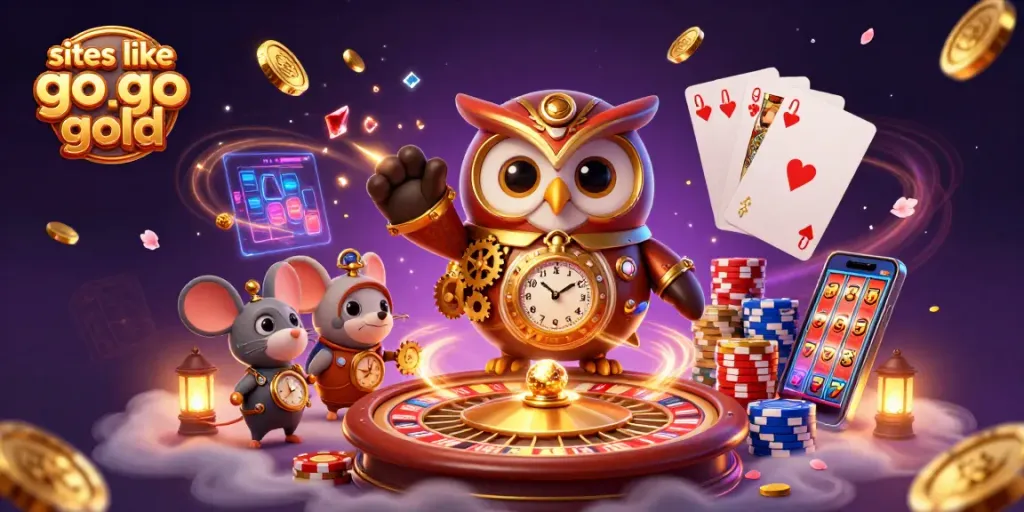 Play exciting games like Go Go Gold with our dynamic casino scene featuring themed characters and vibrant elements.